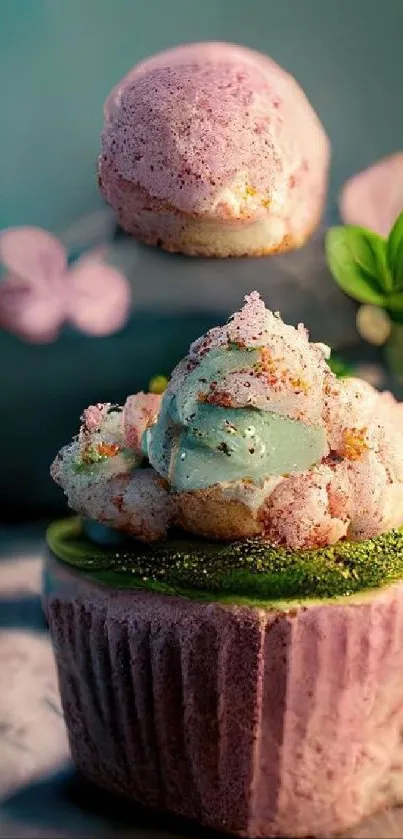 Whimsical fantasy cupcake with pastel pink and green hues, creating a dreamy visual.