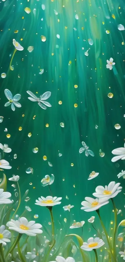 Floral wallpaper with daisies and butterflies in a teal glow.
