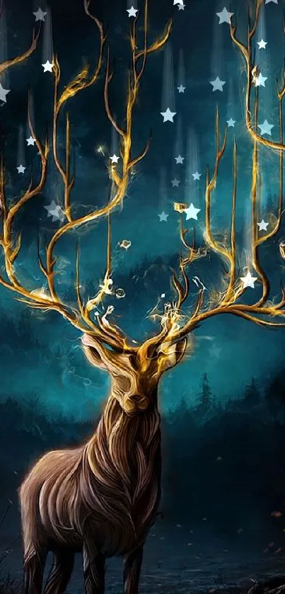 Enchanted deer with golden antlers in a mystical forest.