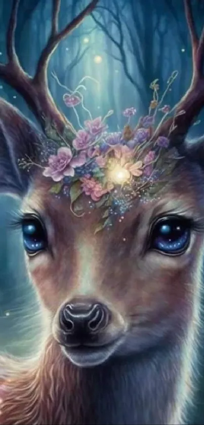 Enchanted deer in a mystical forest with butterflies and glowing lights.