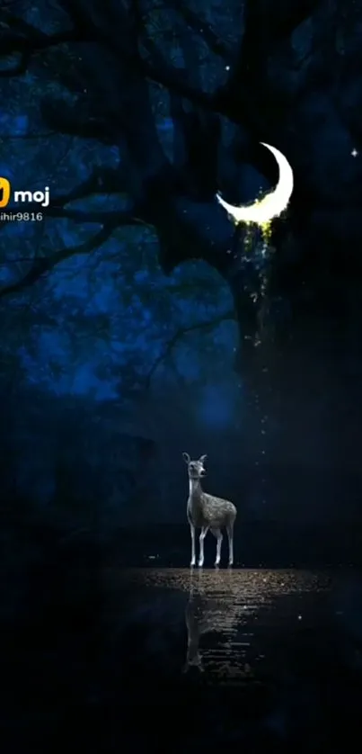 Deer gently illuminated by the moon in a mystical, dark blue forest.