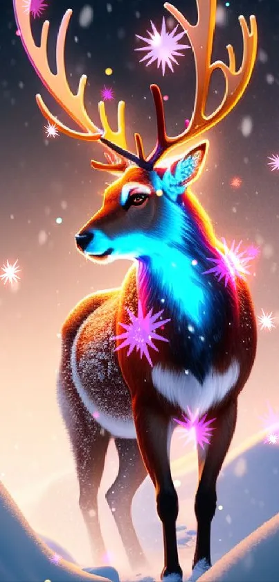 Glowing deer in a snowy winter landscape with vibrant colorful lights.