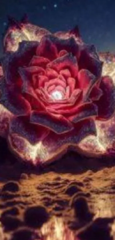 Glowing desert flower under a starry night sky.