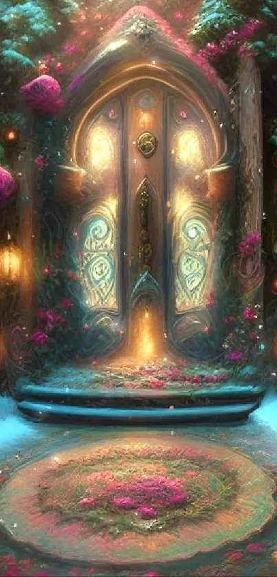 Enchanted doorway art with glowing lights and flowers in a mystical, colorful scene.