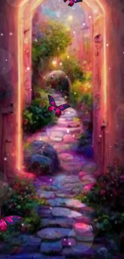 Fantasy doorway with glowing butterflies and colorful plants.