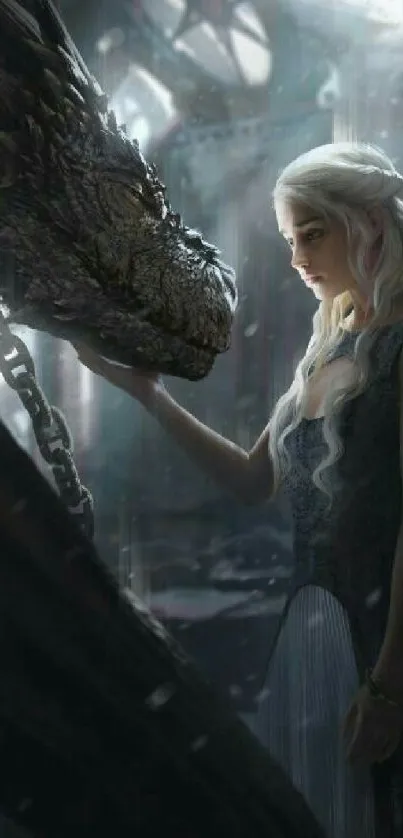 Woman gently touches dragon in enchanting scene.