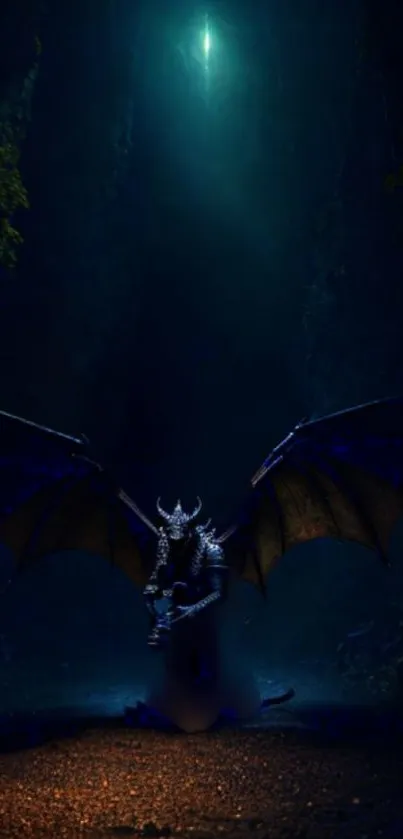 Dark dragon in an enchanted cave under a mystical light.