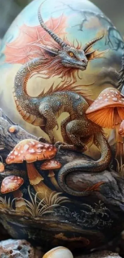 Fantasy dragon surrounded by mushrooms on a mystical wallpaper.