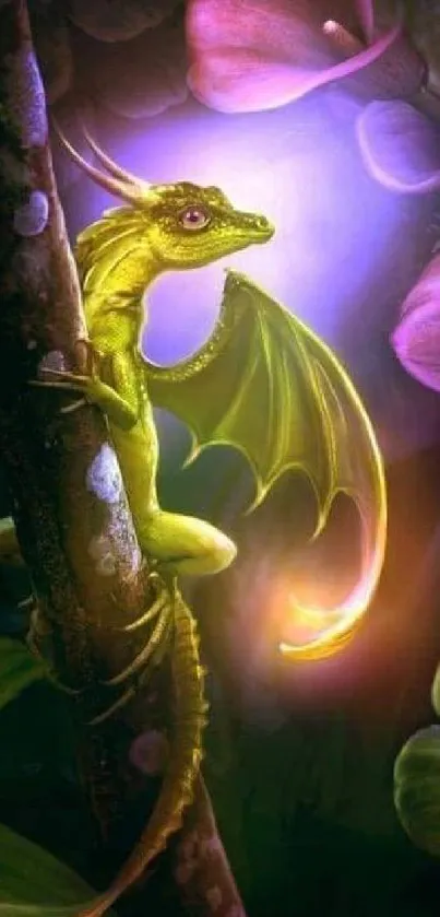 Whimsical green dragon on tree with vibrant fantasy backdrop.