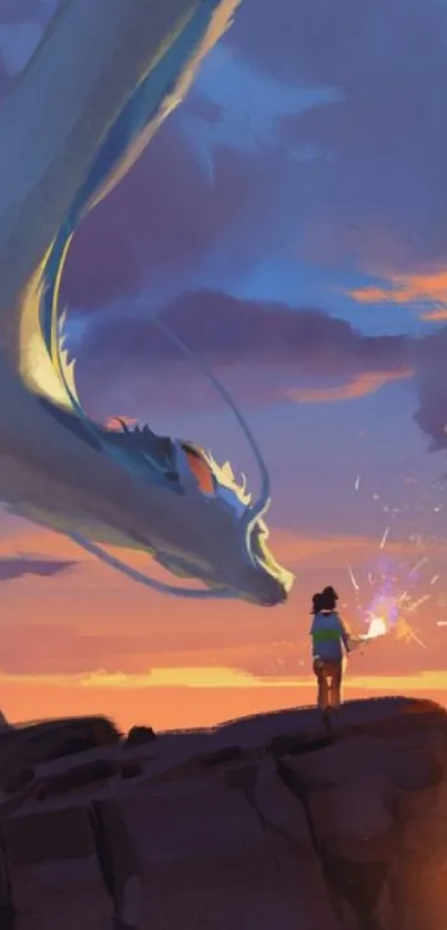 Dragon meets wanderer at sunset cliff, fantasy art wallpaper.