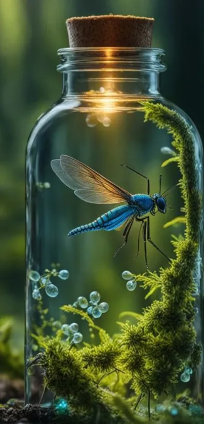 A blue dragonfly inside a lit glass jar in a forest setting.