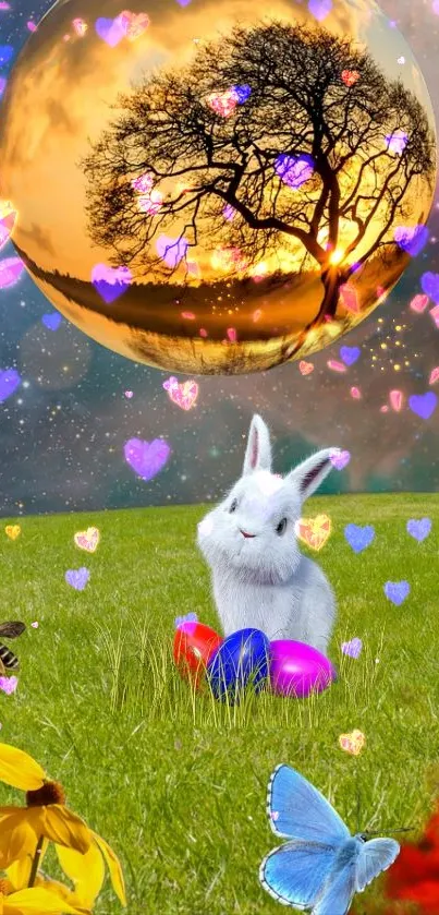 Enchanted dreamland with rabbit, sunset, and vibrant hearts.