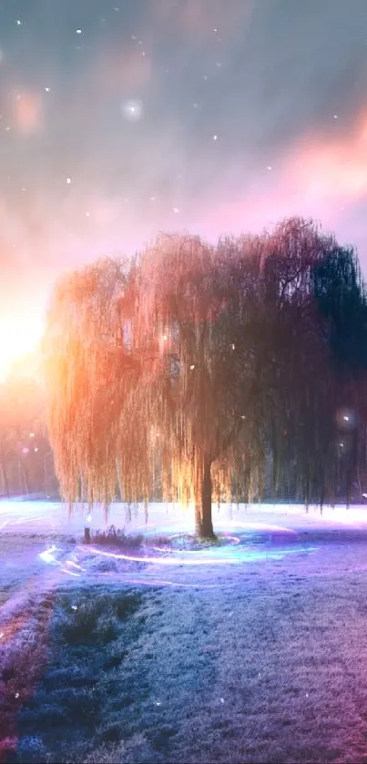 Mystical tree in a vibrant, colorful dreamlike landscape at dusk.