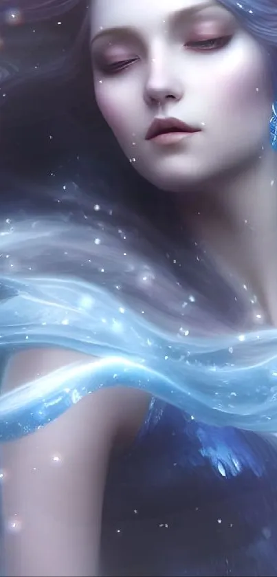 Ethereal fantasy woman in dreamy blue hues.