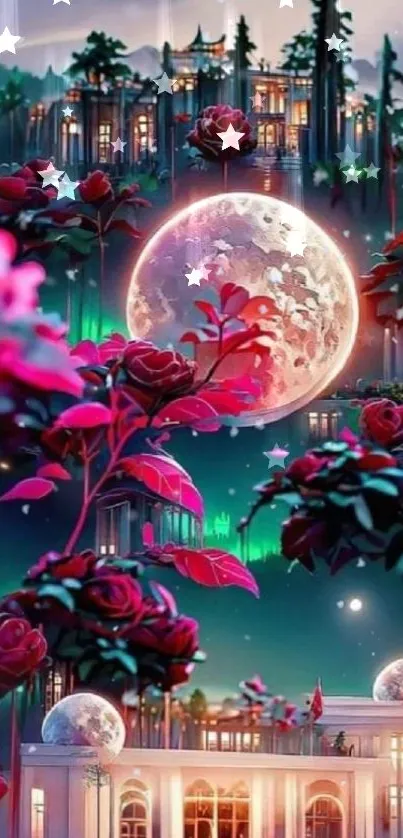 Enchanted garden with moon and roses under a starry night sky on a phone wallpaper.