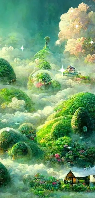 Whimsical green landscape with clouds and cottages in a fantasy setting.