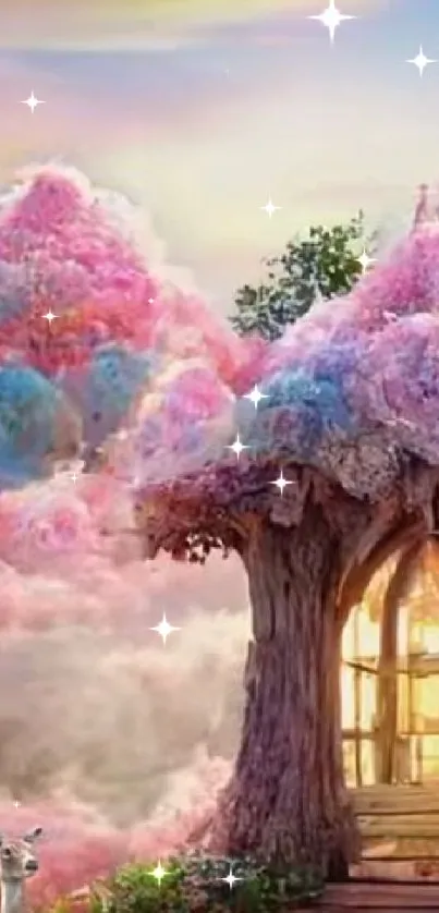 Dreamy pink and blue enchanted forest wallpaper with whimsical trees.