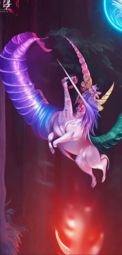 Unicorn and dragon in a mystical battle scene, highlighting vibrant colors.