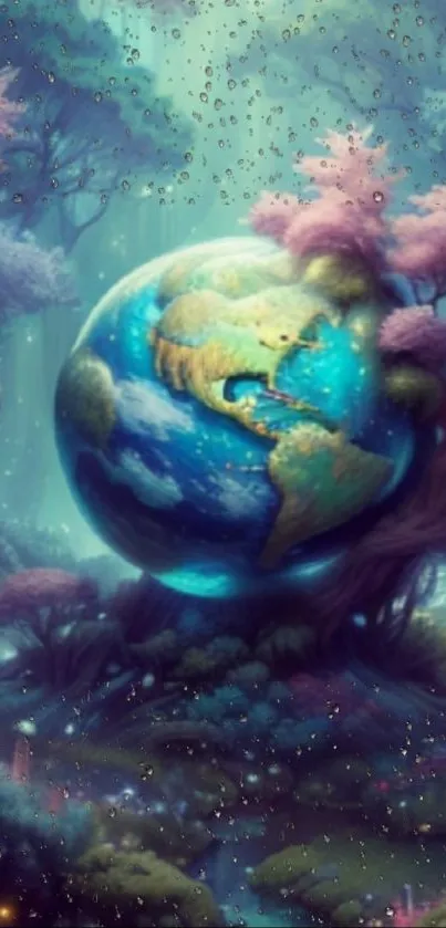 Fantasy wallpaper featuring a magical Earth surrounded by colorful, lush landscapes.