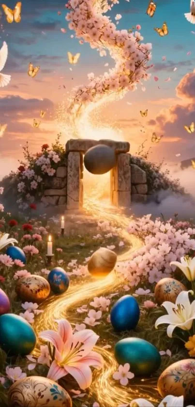 Enchanted Easter scene with eggs and flowers.
