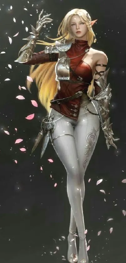 Elf warrior with armor and petals in dark fantasy setting.