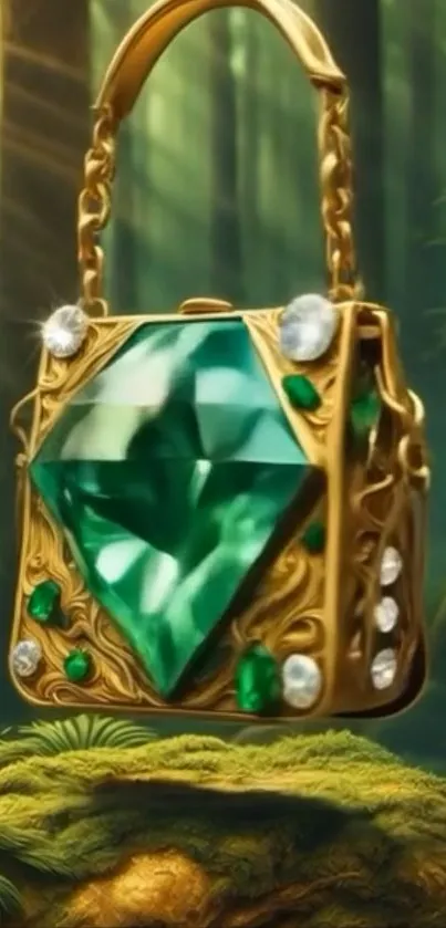 Golden bag with emerald in a mystical forest setting