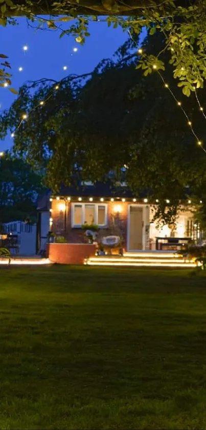 Beautiful garden with enchanting string lights under a starry night sky.