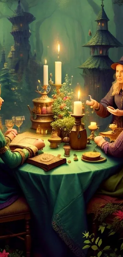 Enchanted magic gathering with candles and mystical women in the forest.