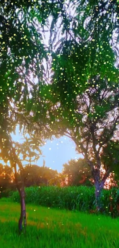 Serene evening landscape with twinkling lights and green trees at twilight.