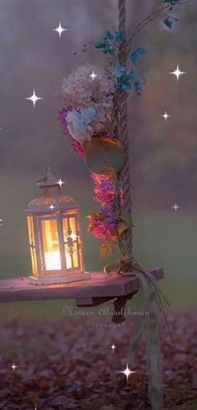 Lantern on a flowery swing in a misty, enchanting evening setting.