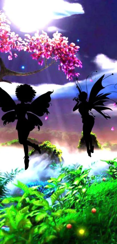 Two fairies dance under a moonlit sky in a mystical fantasy landscape.