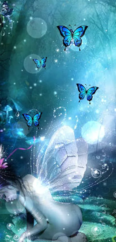 Mystical fairy and butterflies in a magical forest scene.