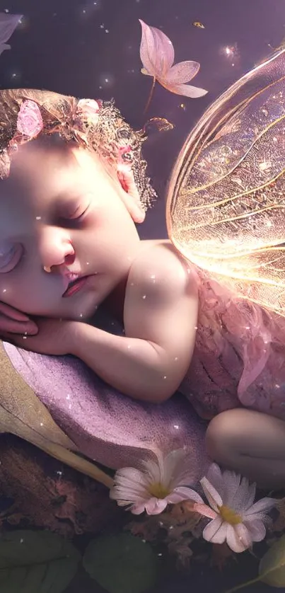 Magical scene with a sleeping baby fairy and glowing wings.