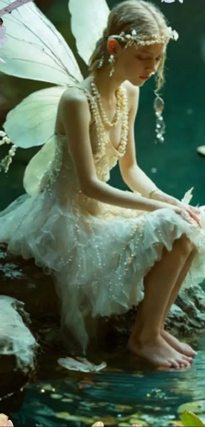 Fairy with wings sitting by water.
