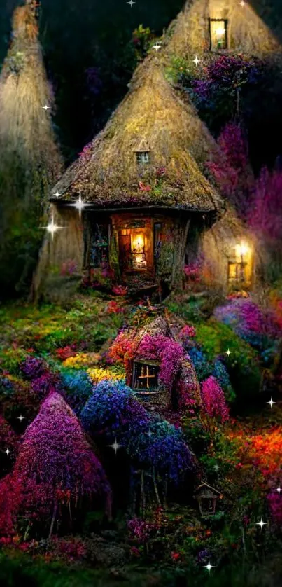 Enchanted cottage with colorful, blooming garden in mystical night setting.