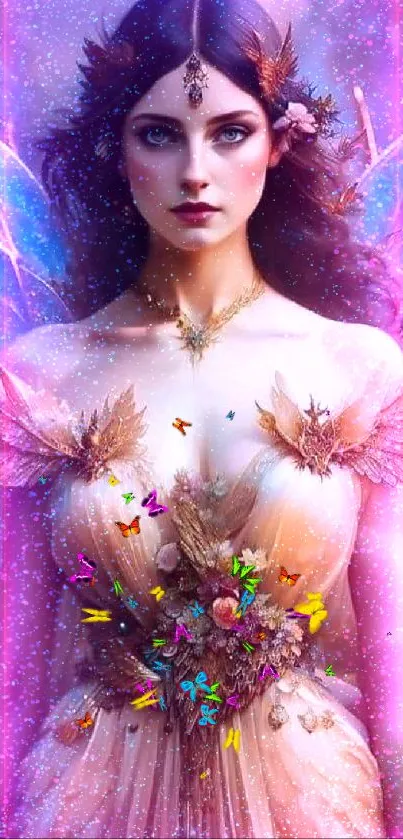 Enchanting fairy with golden wings in a mystical fantasy setting.