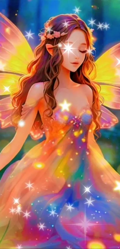 Magical fairy with colorful wings in a vibrant fantasy scene.