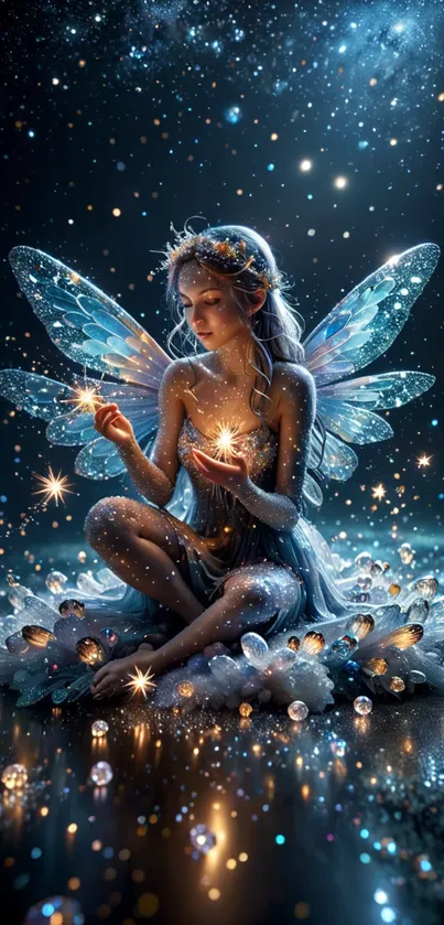 Enchanting fairy with glowing wings in a magical, star-filled fantasy scene.