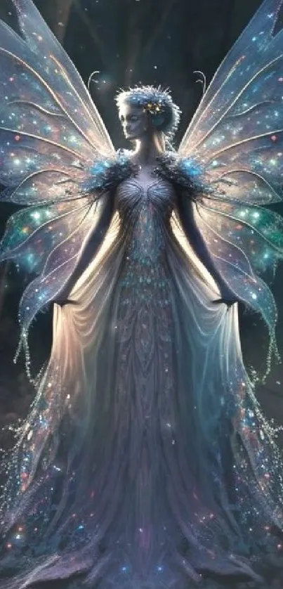 Ethereal fairy with luminous wings in a fantasy setting.