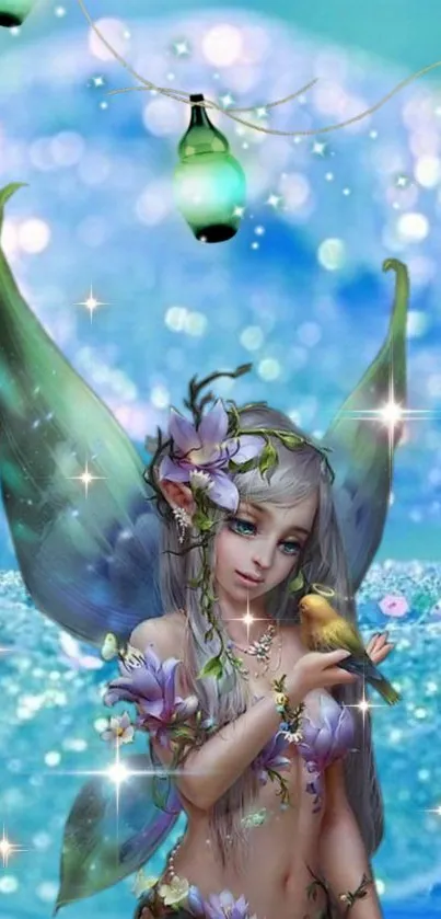 Enchanting fairy with shimmering lights in a magical fantasy setting.