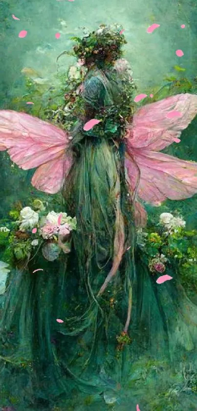 Fantasy wallpaper with a pink-winged fairy amidst greenery.