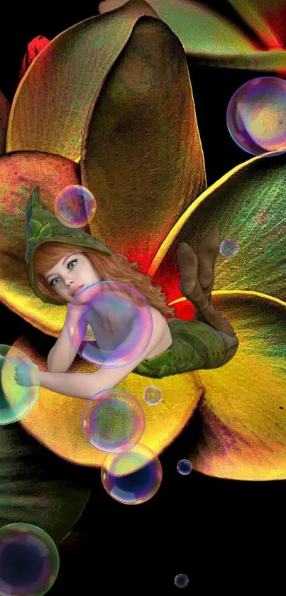 Fairy in green on vibrant flower with bubbles.