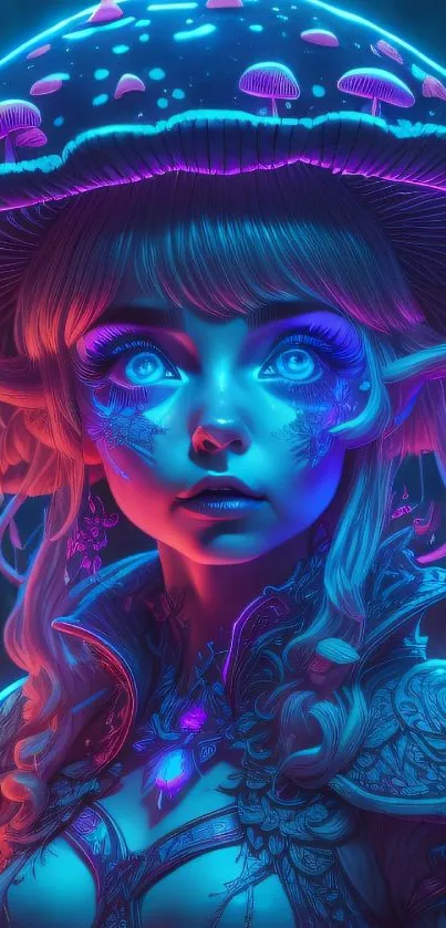 Magical fairy with glowing mushrooms in a neon blue forest.