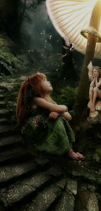 Fairy and child in enchanted forest with glowing mushroom.