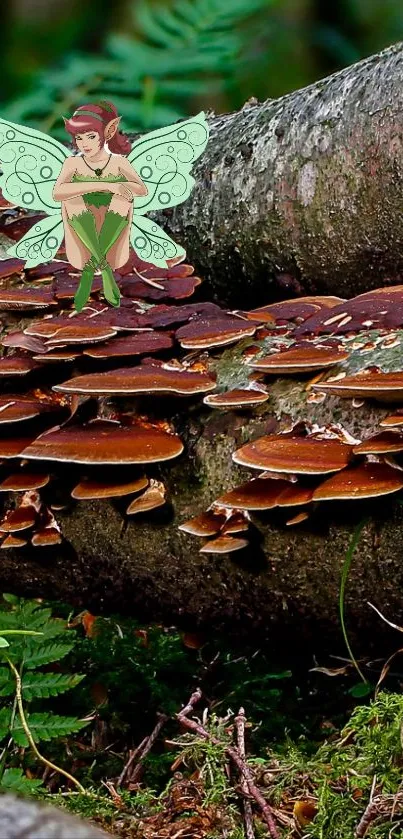 Fairy sitting on a tree trunk surrounded by fungi in a forest scene.