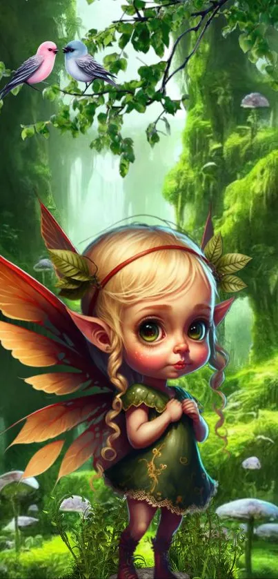 A whimsical fairy stands in a lush green forest with colorful birds and mushrooms.