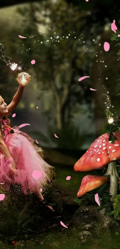 A fairy in pink dress sits in a magical forest with glowing mushrooms.