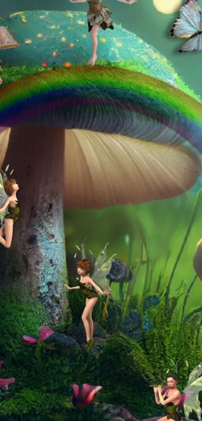 Whimsical fairies dance on glowing mushrooms in a magical forest scene.