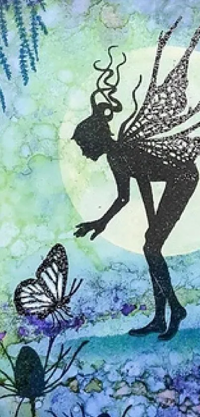 Silhouette of a fairy with a butterfly in a moonlit forest scene.