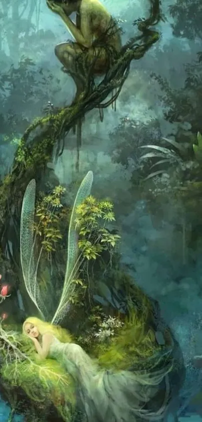 Enchanting fairy forest wallpaper with mystical creatures.